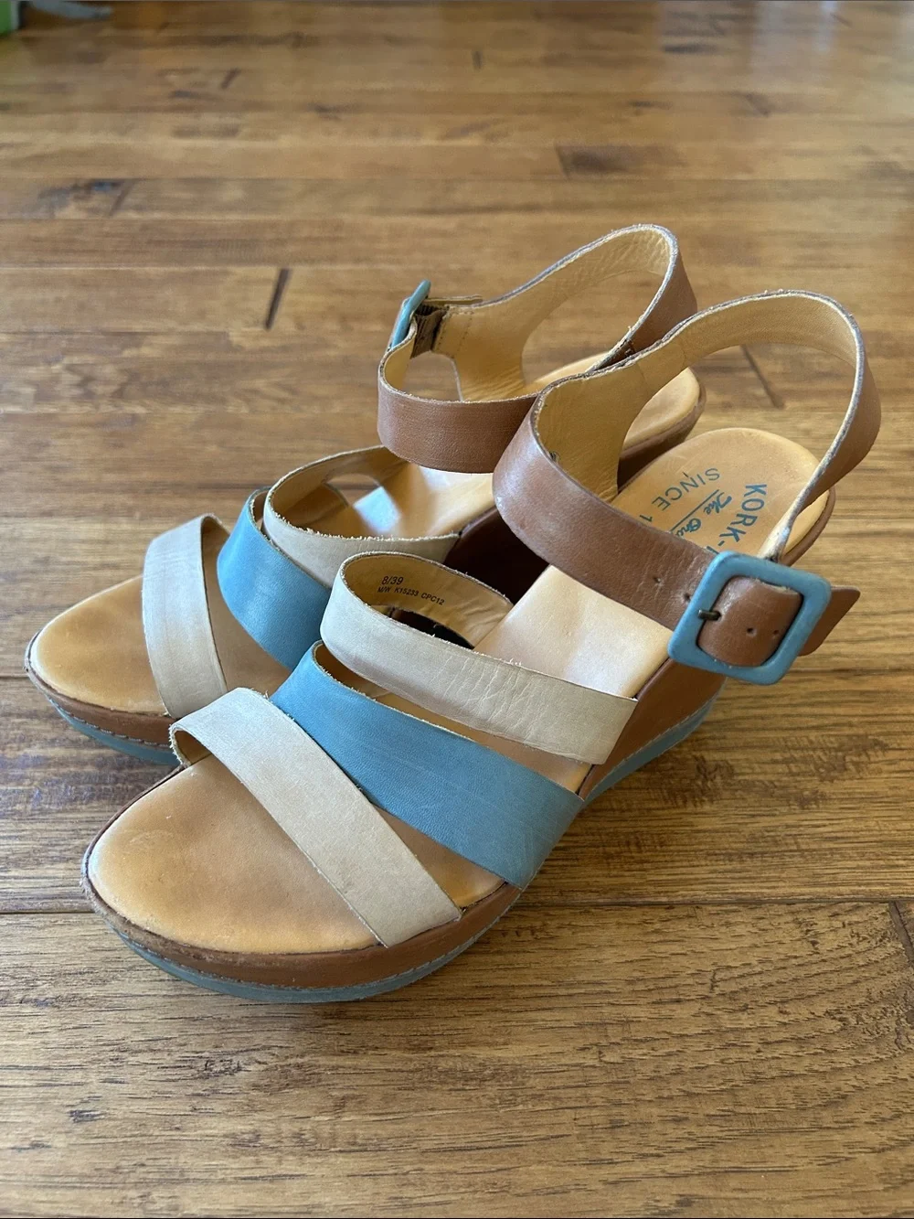 Kork-Ease Emily Strappy Wedge Heel Sandals Brown Blue Ivory Leather Size 8